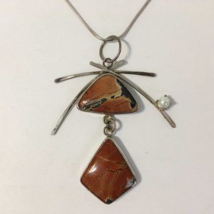 Big Red Canyon Pendant Turquoise Pearl Unique Necklace Sterling Silver Asian New